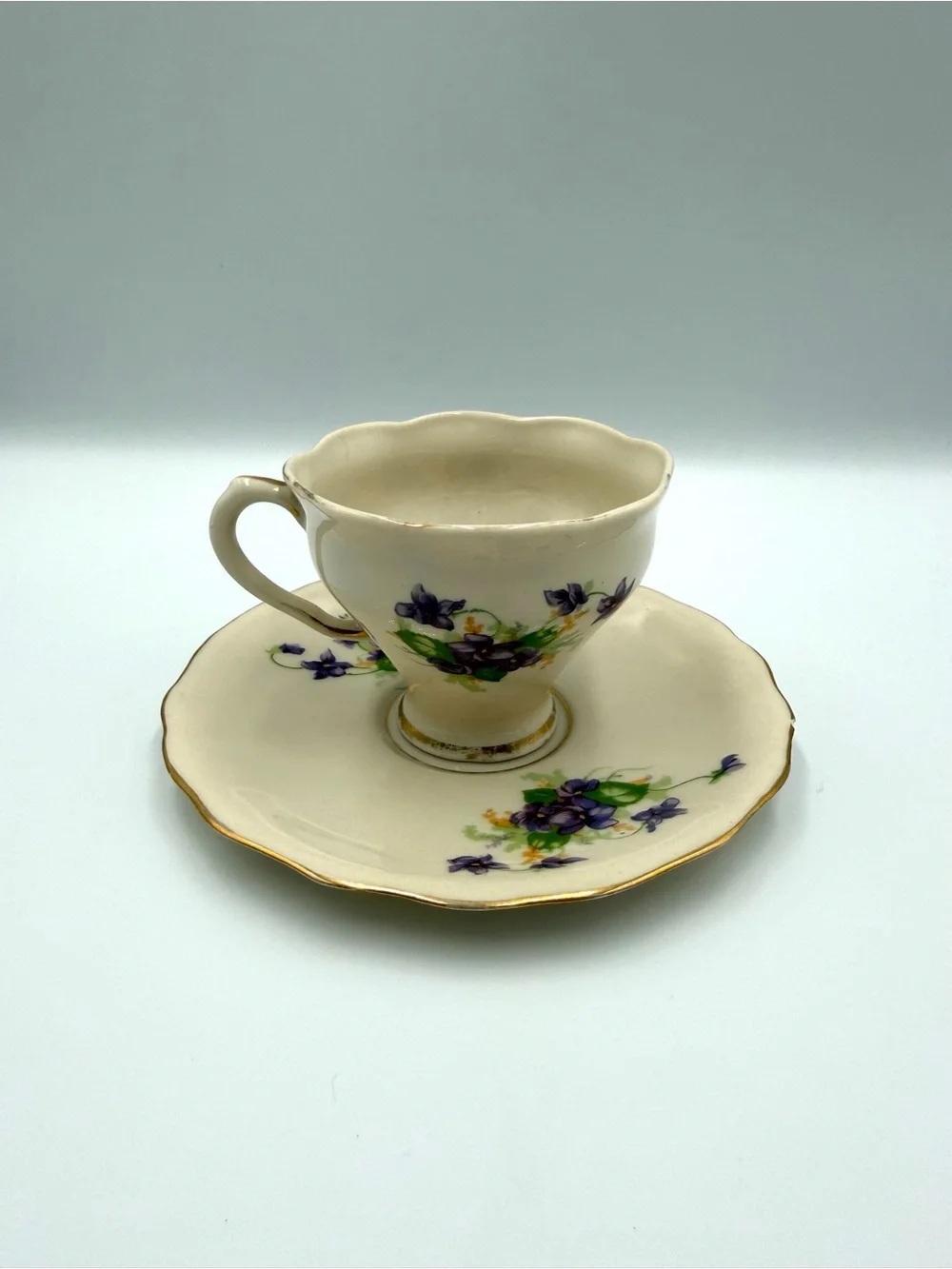 Vintage Leneige Fine China Purple Violet Floral Teacup & Saucer Gold